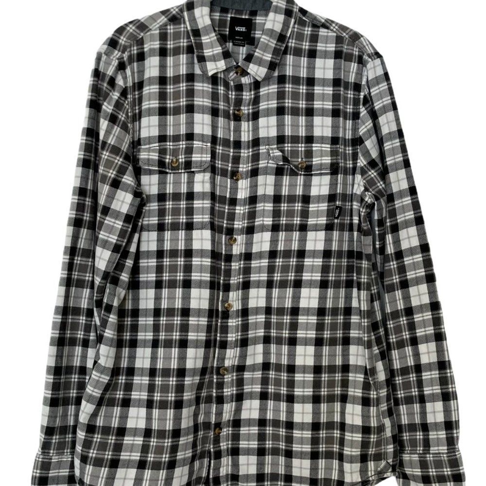 Vans Men's Medium Plaid Long Sleeve Button B&W